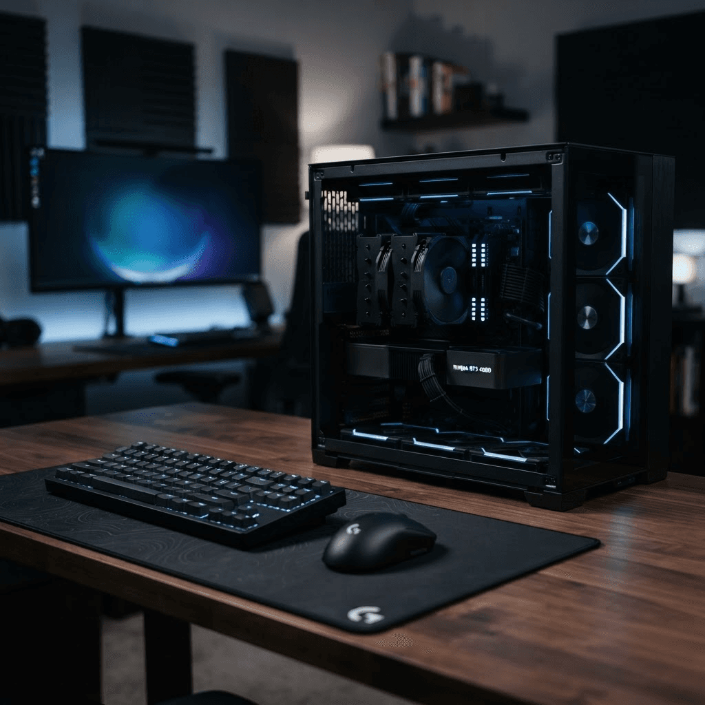 Sleek all-black stealth gaming PC with subtle blue accent lighting