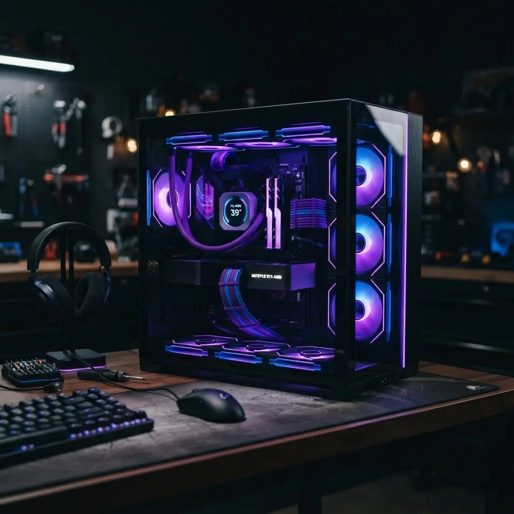 Custom gaming PC with purple and blue RGB lighting in a glass case