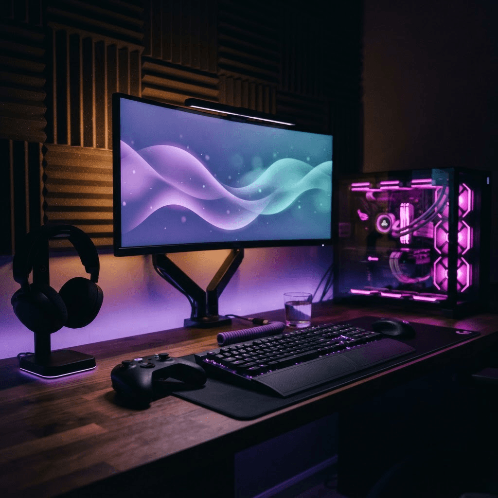 Finished gaming battlestation with custom tower, monitor, and keyboard