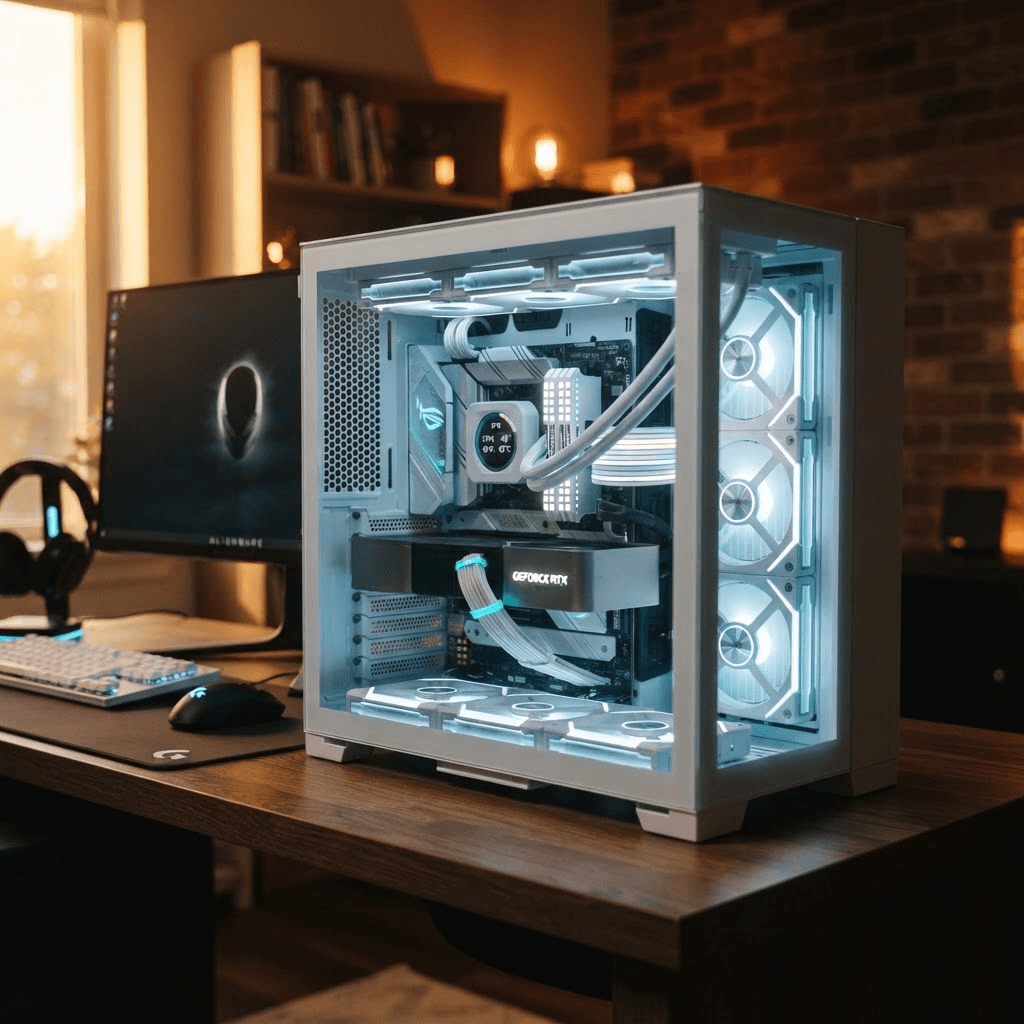 High-end custom gaming PC in a white glass case with cyan RGB and a vertical GPU mount