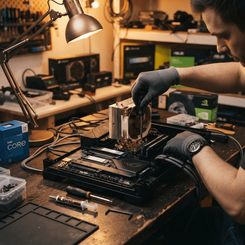 Technician installing a CPU cooler on a motherboard at a workbench