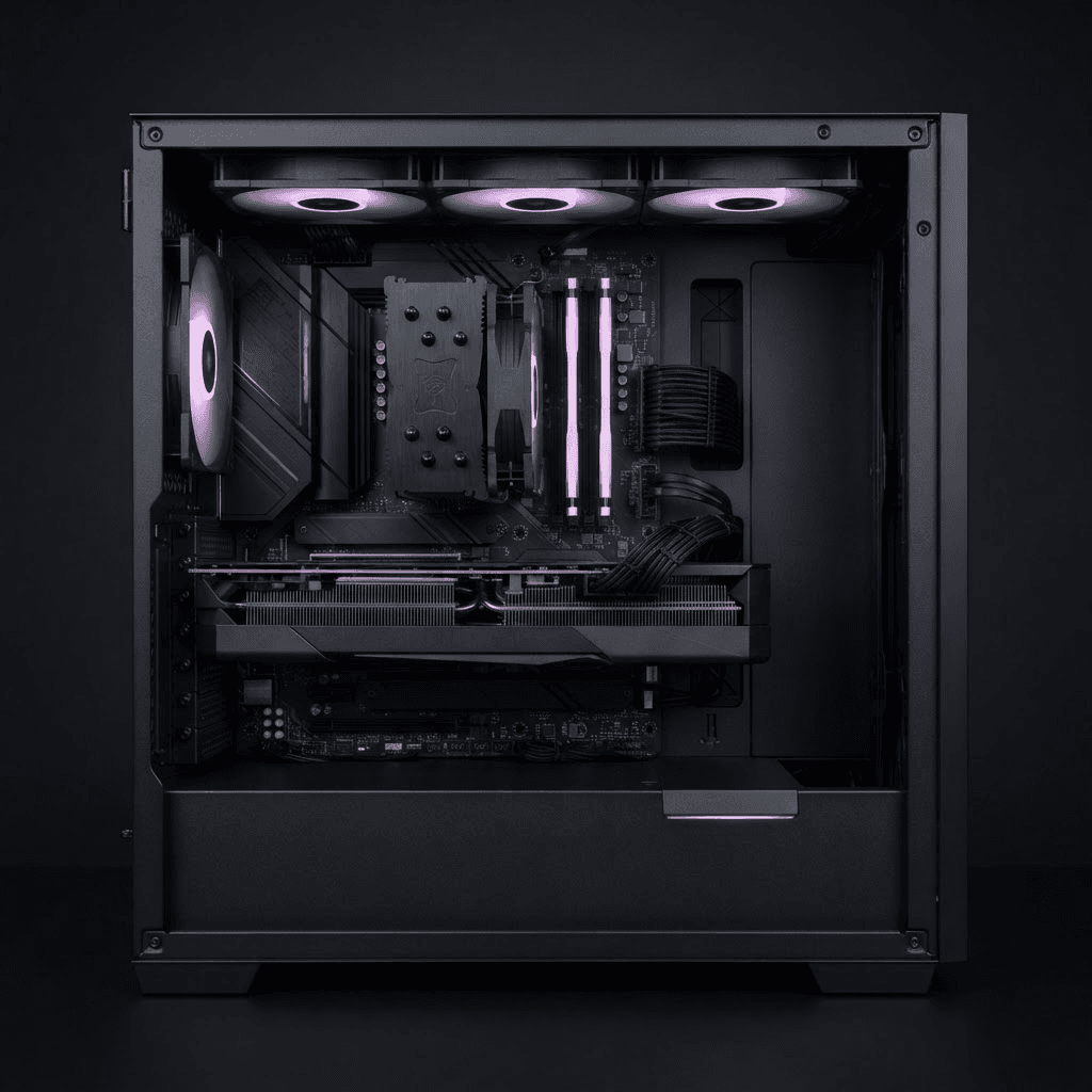 Inside of a custom gaming desktop PC with the side panel removed, showing the case fans, CPU cooler, memory, graphics card, and power supply