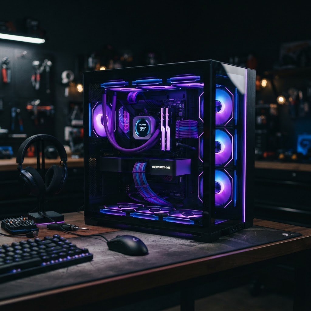 Custom gaming PC with purple and blue RGB lighting in a glass case