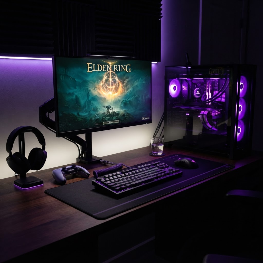 Finished gaming battlestation with custom tower, monitor, and keyboard
