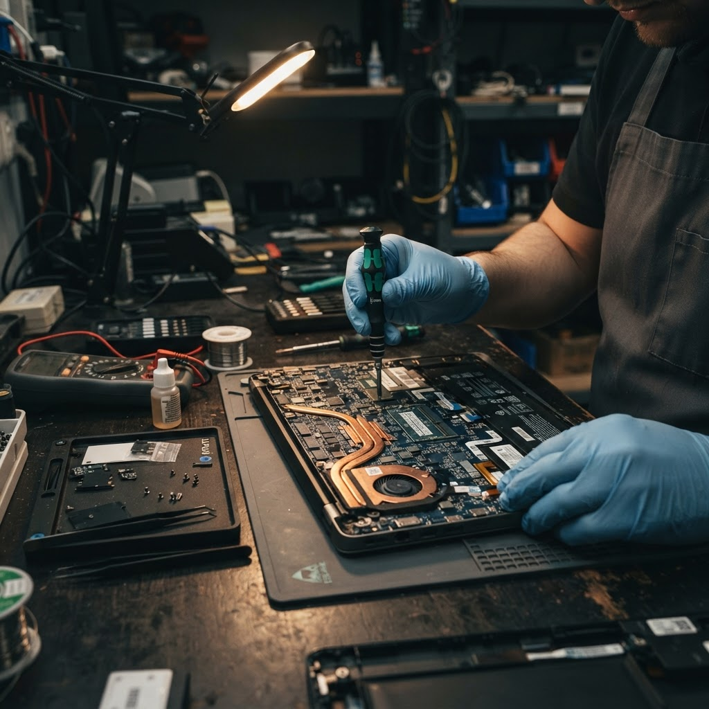 Technician repairing an open laptop on a workbench