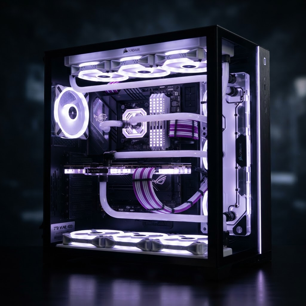Liquid-cooled PC build with clear tubing and white RGB lighting