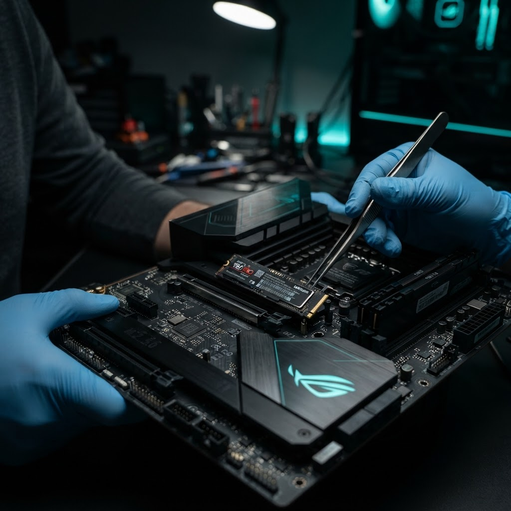 Installing an M.2 SSD into a motherboard with tweezers